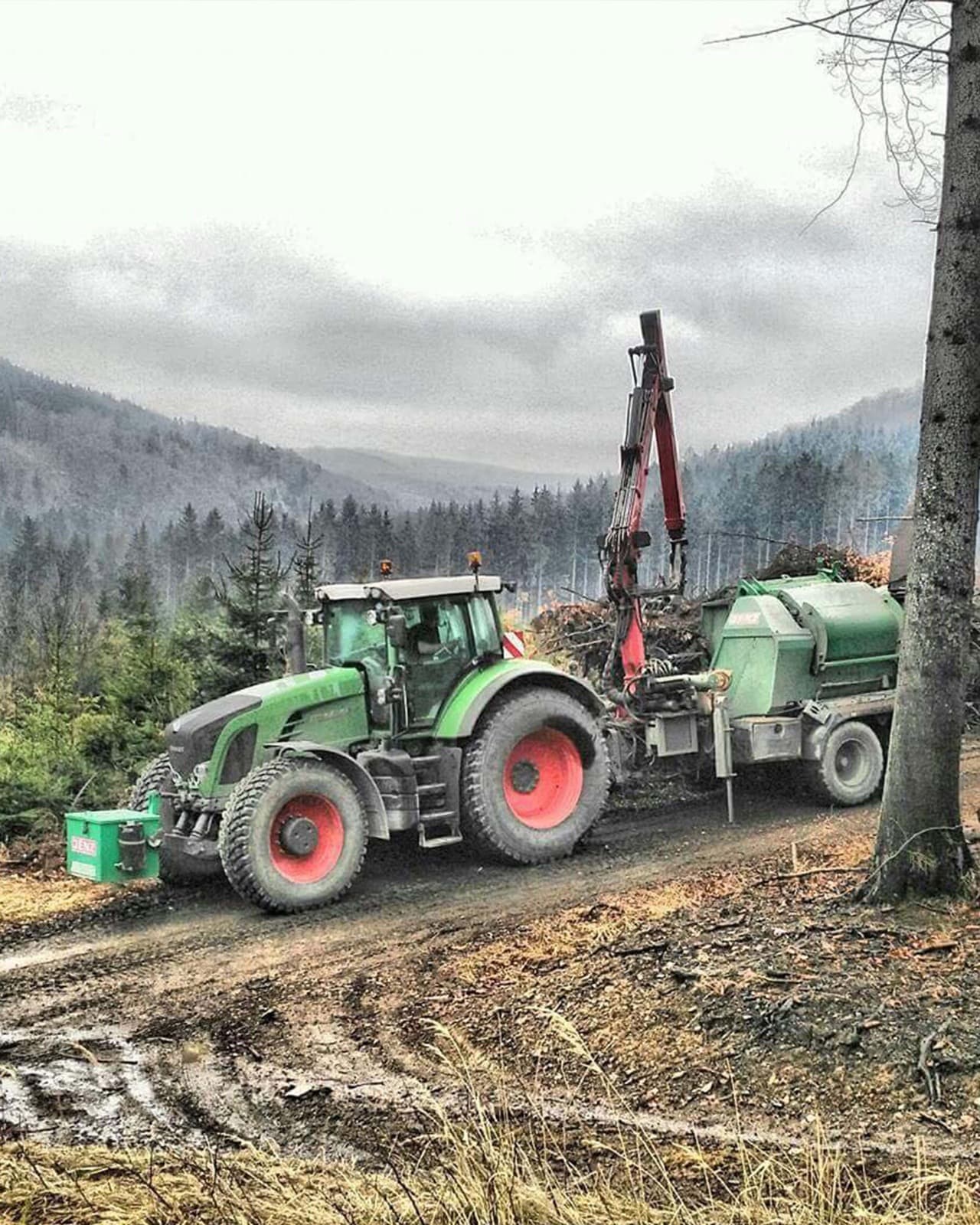 Traktor se štěpkovačem v lese